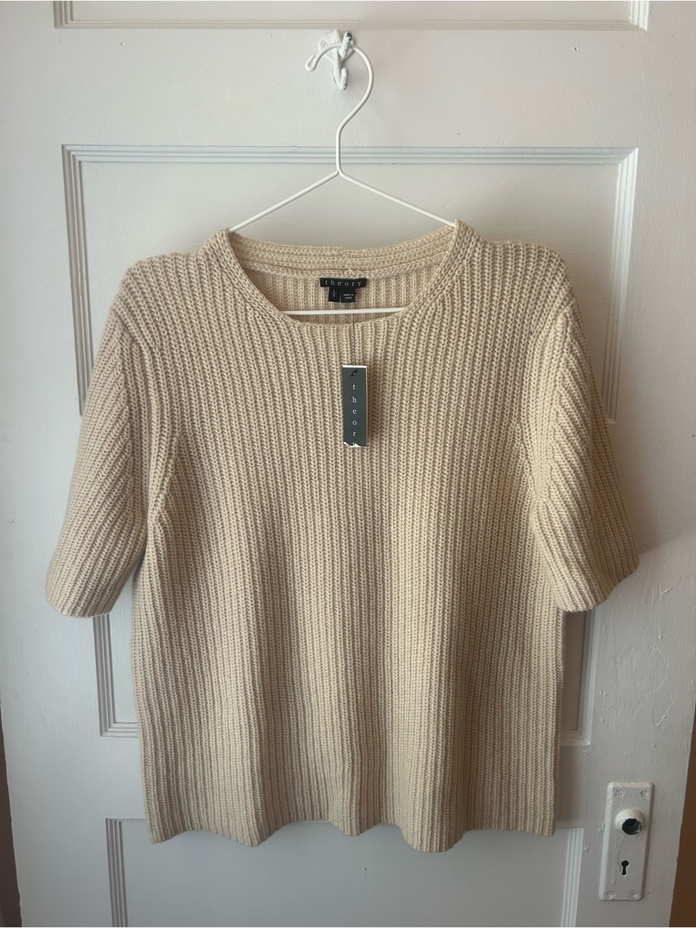 Theory Cream Short-Sleeve Ribbed Wool/Cashmere Sweater